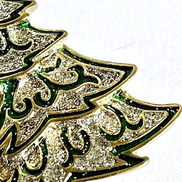 Vintage Christmas Tree Brooch Pin Green Enamel Glitter Gold Tone Plated - Picture 11 of 13
